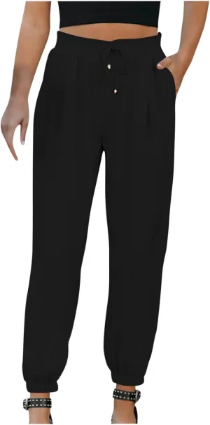 FZYLQY Womens 2025 Summer Casual Pants Drawstring Elastic High Waisted Work Trousers Joggers Trendy Harem Pants with Pockets