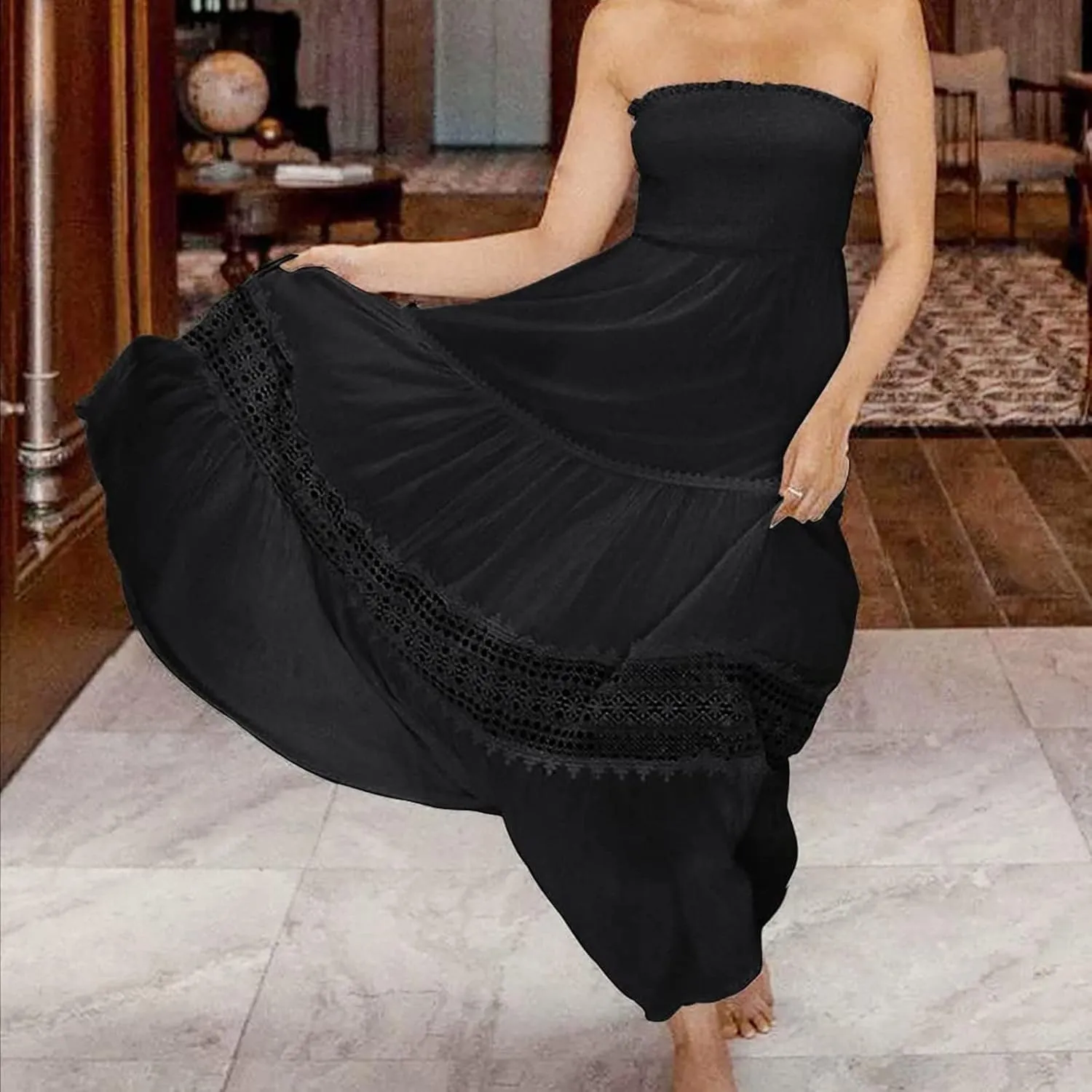 FZYLQY Womens Tube Top Maxi Dress Summer Boho Strapless Casual Flowy Beach Long Sundresses Hollow Ruffle Sexy Smocked Dresses