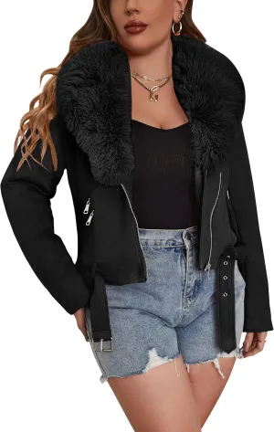 Geschallino Women's Faux Suede Leather Jacket Winter Plus Size Hooded Jacket Warm Fleece lined Dress Belt Coat (1X-5X)