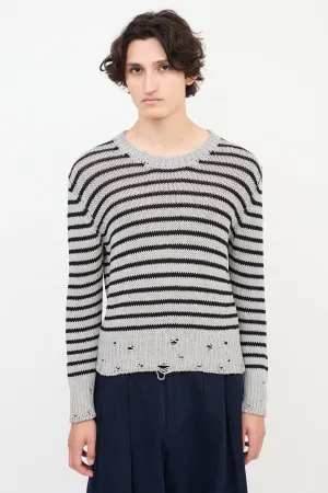 Grey & Black Wool Distressed Knit Striped Sweater