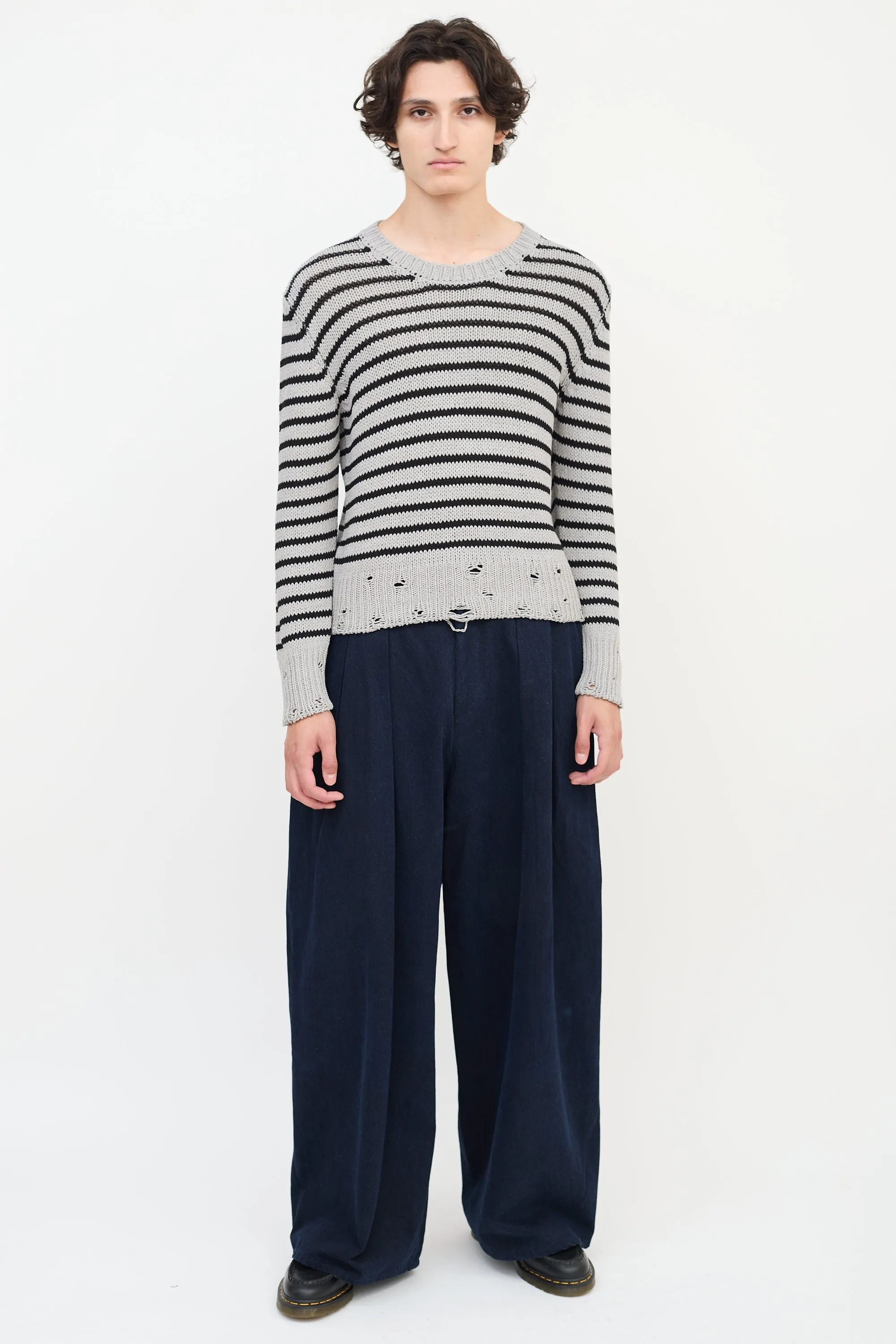 Grey & Black Wool Distressed Knit Striped Sweater