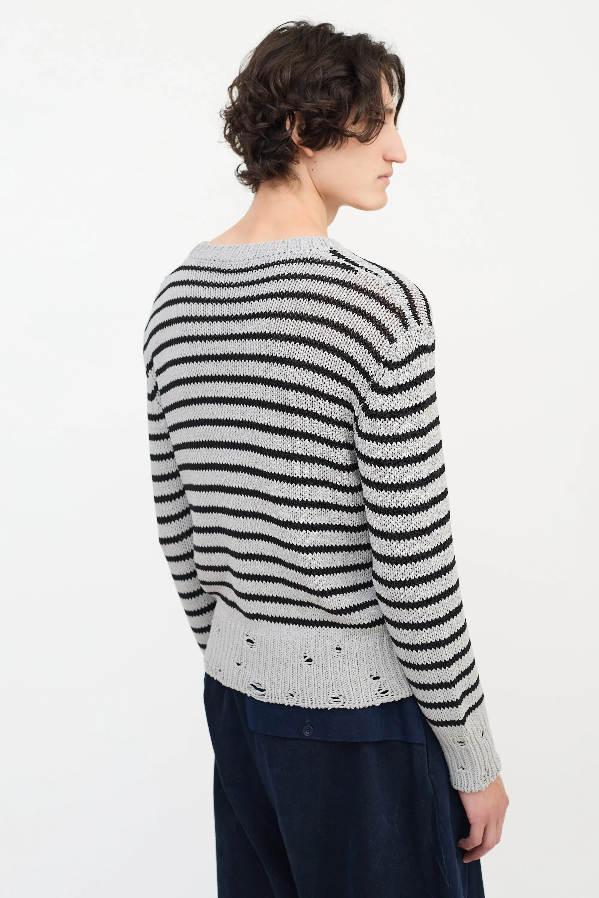 Grey & Black Wool Distressed Knit Striped Sweater