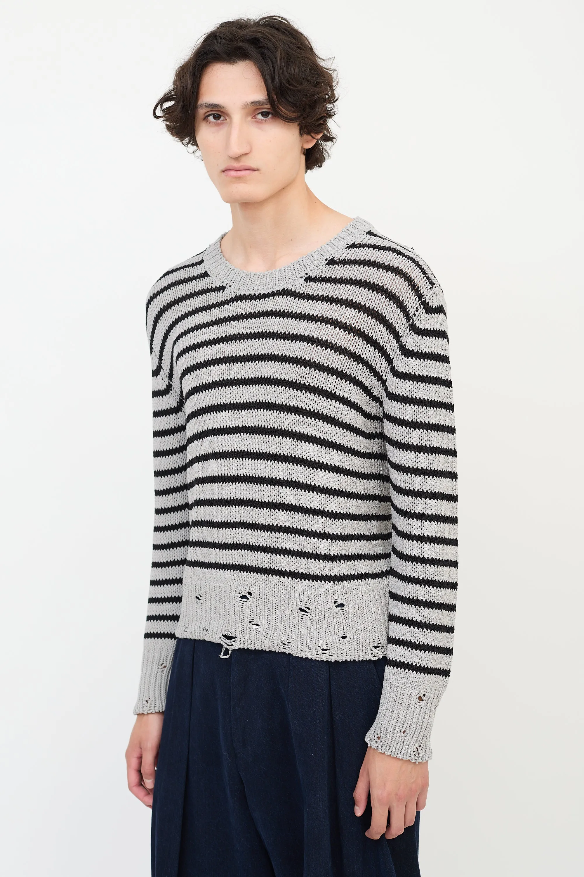 Grey & Black Wool Distressed Knit Striped Sweater