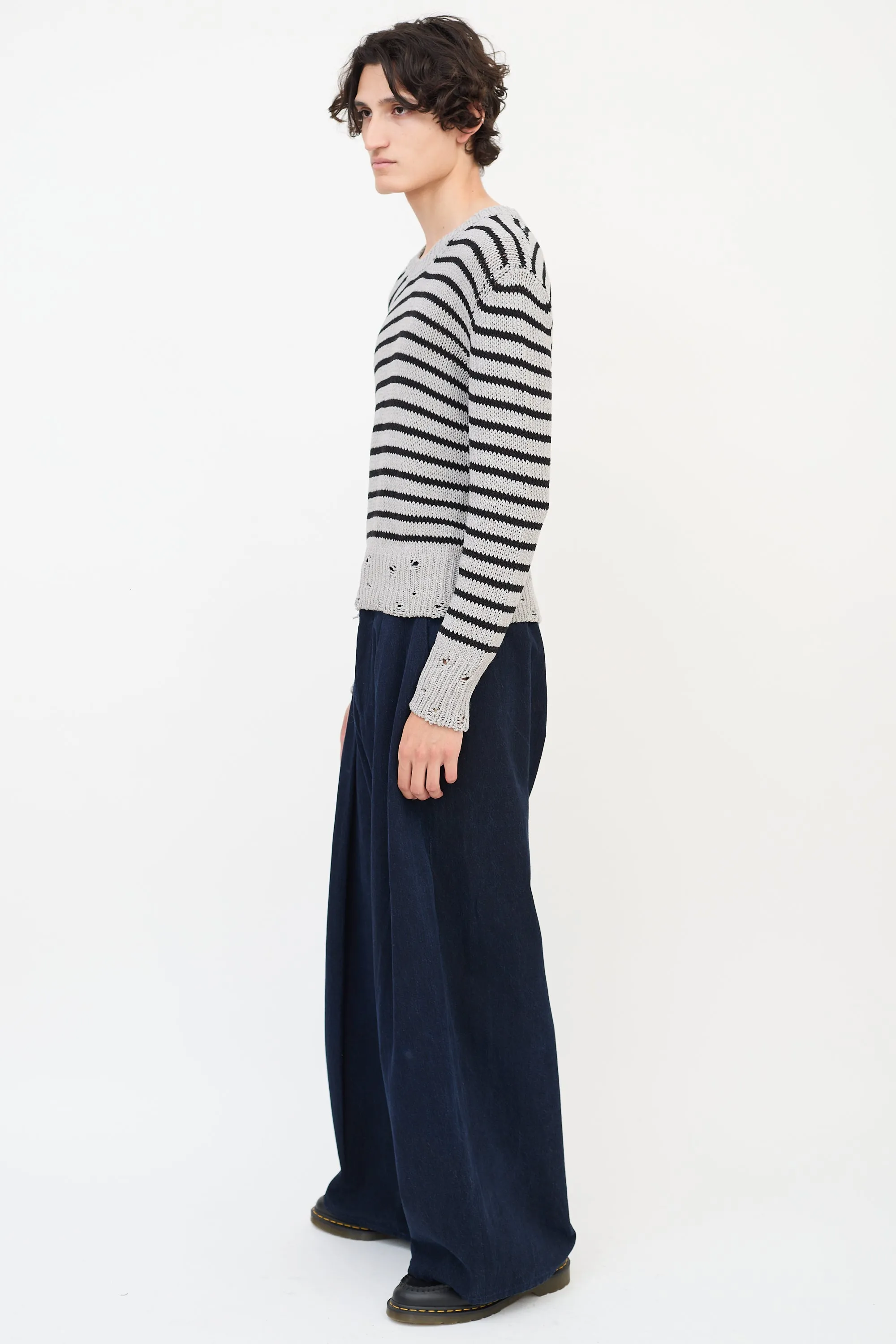 Grey & Black Wool Distressed Knit Striped Sweater