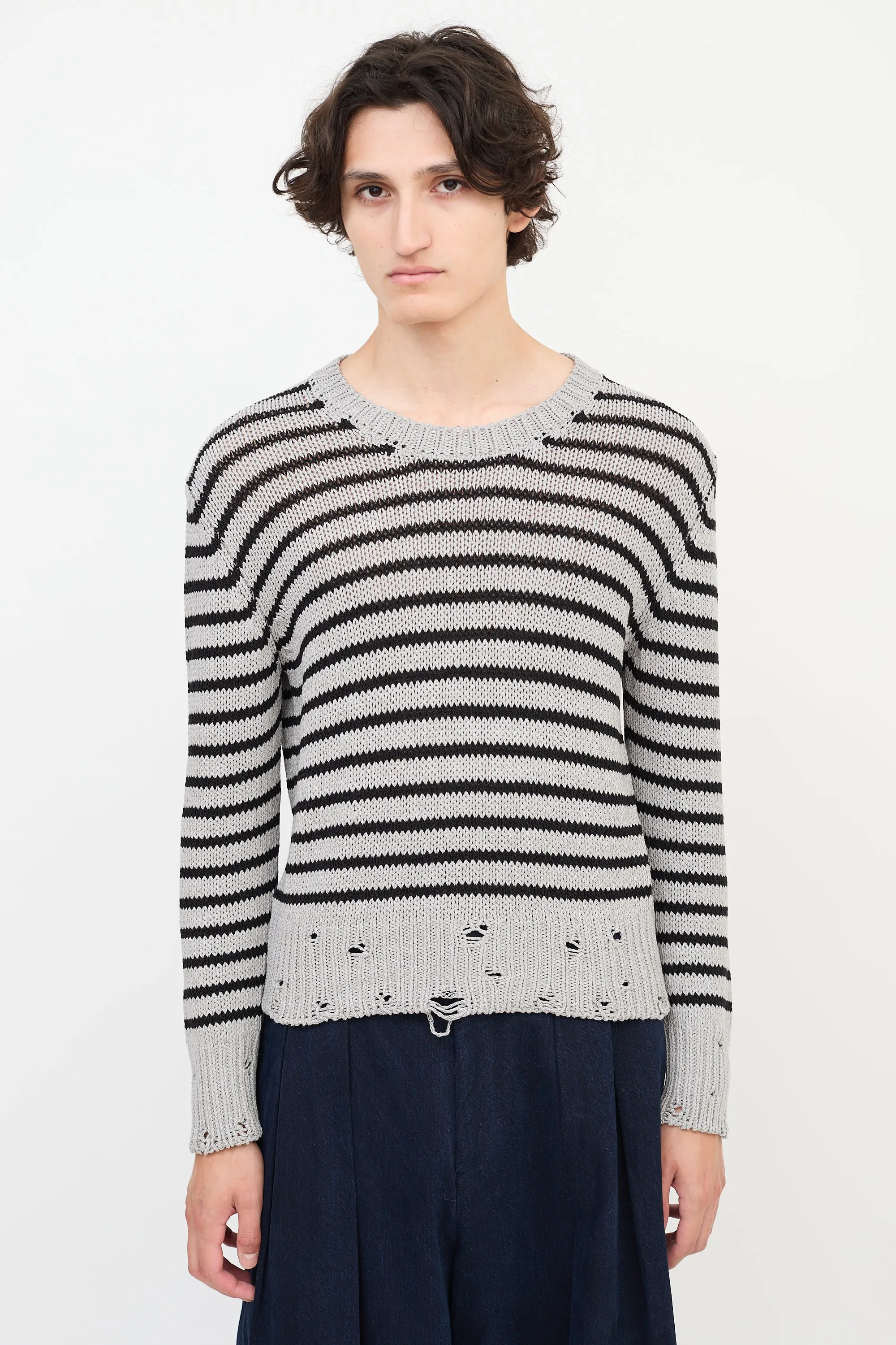 Grey & Black Wool Distressed Knit Striped Sweater