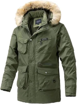 Haitpant Mens Winter Long Parkas Fleece Liner Hooded Jacket Thick Windbreaker Multi Pockets Cotton Padded Warm Coats