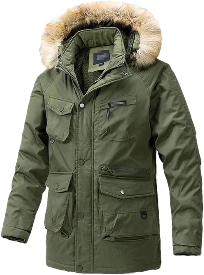 Haitpant Mens Winter Long Parkas Fleece Liner Hooded Jacket Thick Windbreaker Multi Pockets Cotton Padded Warm Coats