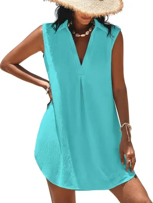 Halife Womens Sleeveless Swimsuit Coverup V Neck Bathing Suit Cover Ups Summer Swimwear Bikini Beach Cover Up Dress