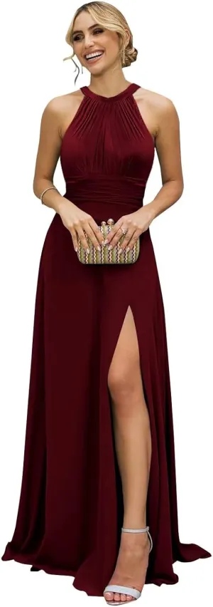 Halter Chiffon Long Bridesmaid Dresses with Slit A Line Formal Evening Party Gowns