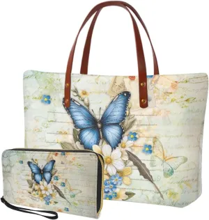 Handbag Purses Set of 2 for Women Portable Top Handle Tote Bag Shoulder Bag with Cash Wallet for Shopping Tours