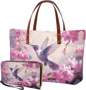 Handbag Purses Set of 2 for Women Portable Top Handle Tote Bag Shoulder Bag with Cash Wallet for Shopping Tours