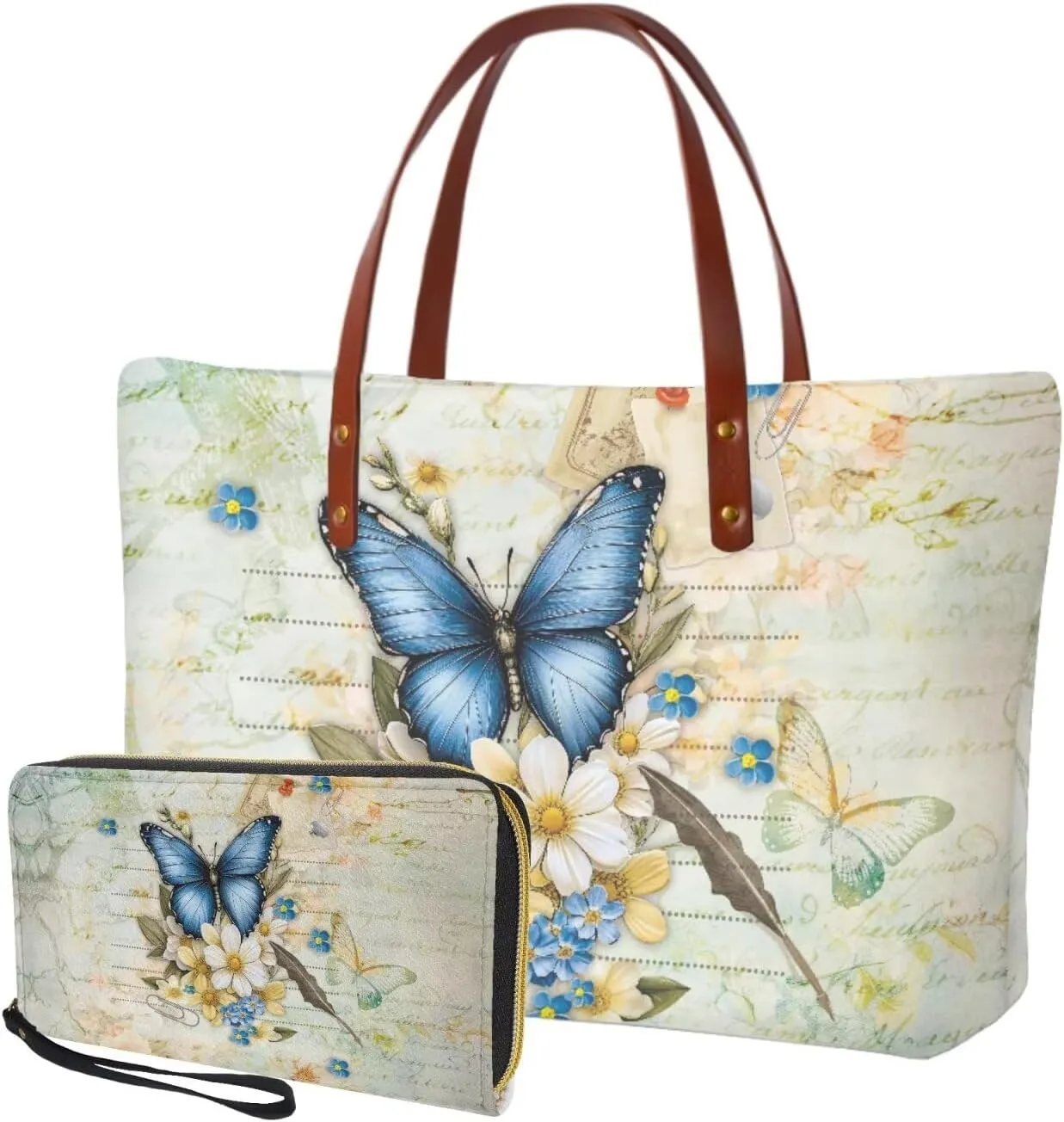 Handbag Purses Set of 2 for Women Portable Top Handle Tote Bag Shoulder Bag with Cash Wallet for Shopping Tours
