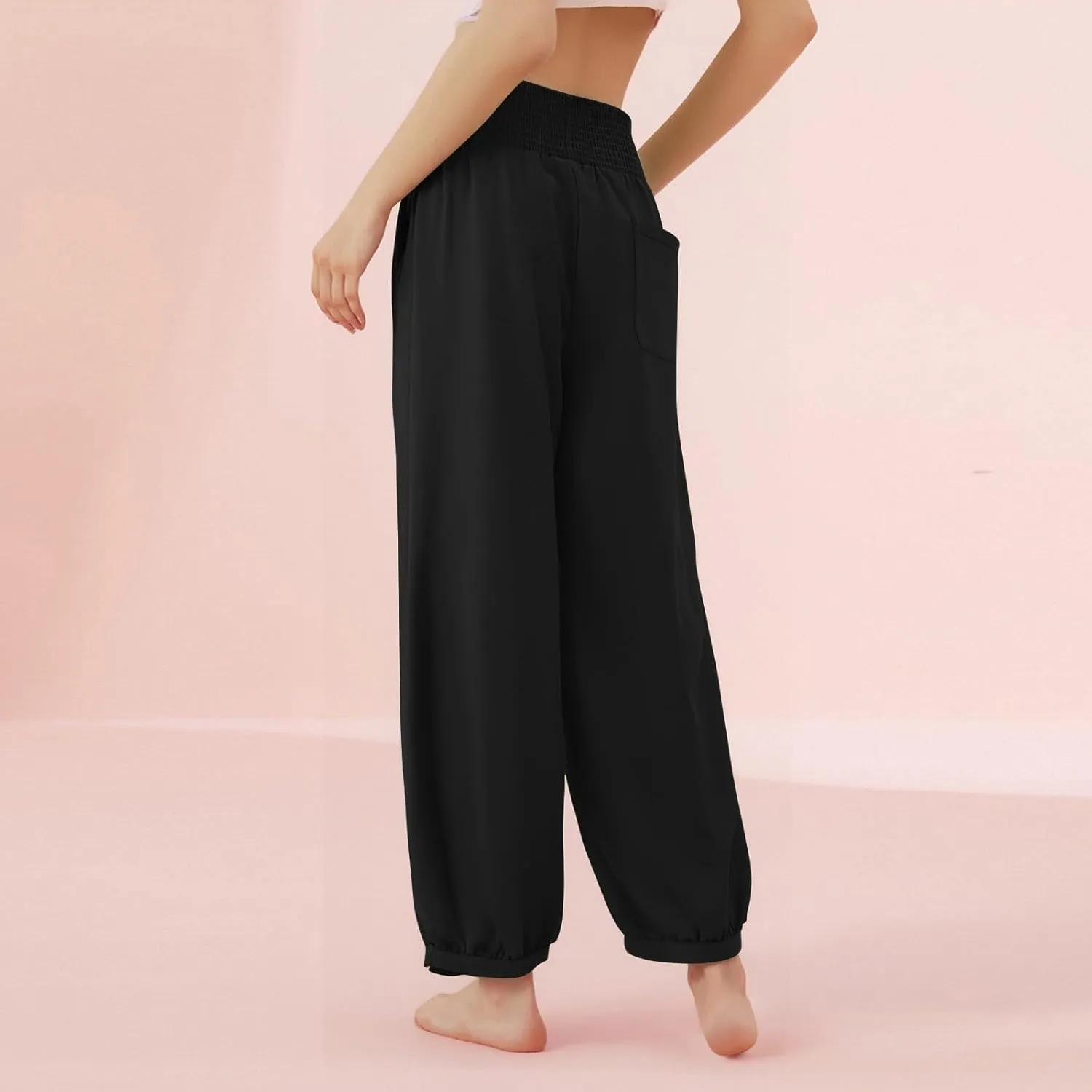 Harem Pants Women Wide Leg Elastic Waist Summer Linen Pants Flowy Loose Baggy Palazzo Trendy Beach Vacation Trousers