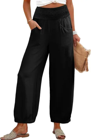 Harem Pants Women Wide Leg Elastic Waist Summer Linen Pants Flowy Loose Baggy Palazzo Trendy Beach Vacation Trousers