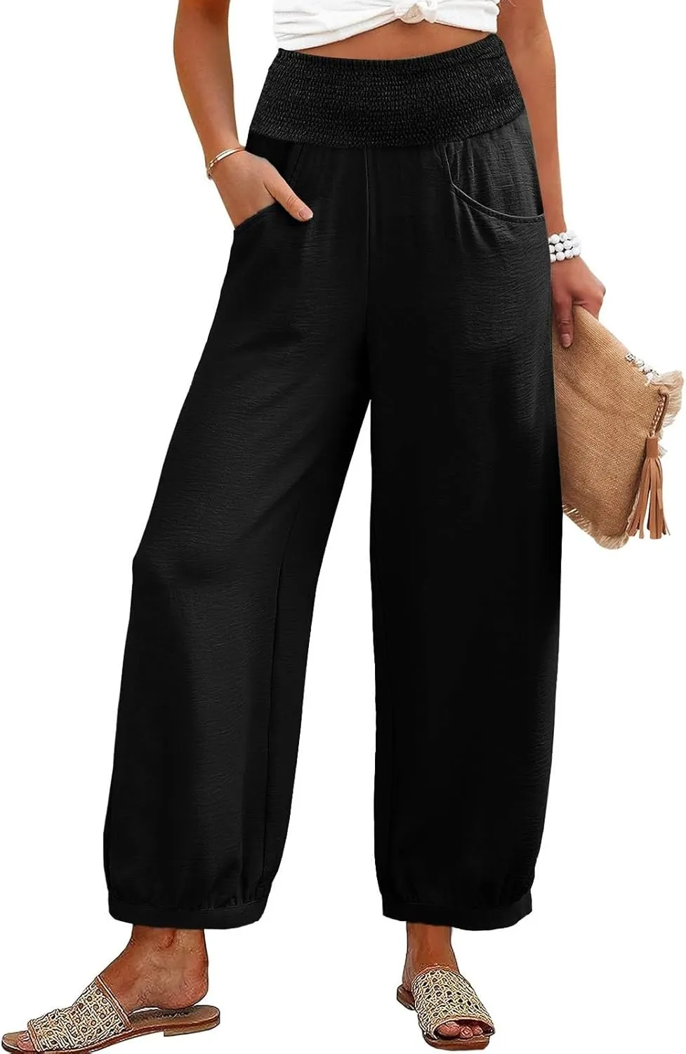 Harem Pants Women Wide Leg Elastic Waist Summer Linen Pants Flowy Loose Baggy Palazzo Trendy Beach Vacation Trousers