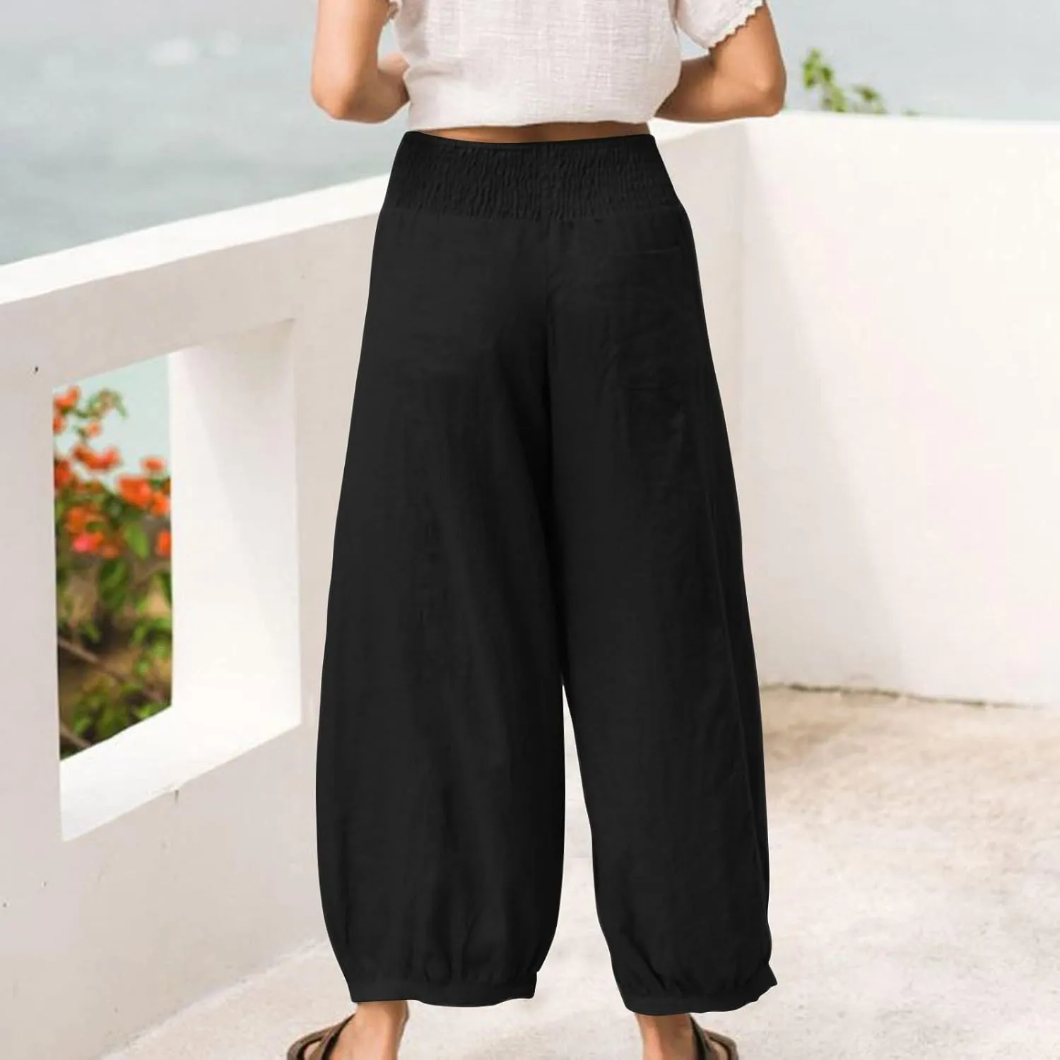 Harem Pants Women Wide Leg Elastic Waist Summer Linen Pants Flowy Loose Baggy Palazzo Trendy Beach Vacation Trousers