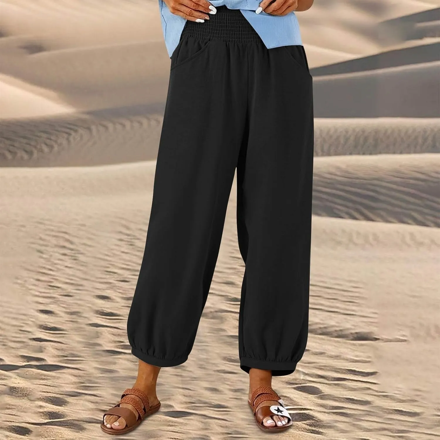 Harem Pants Women Wide Leg Elastic Waist Summer Linen Pants Flowy Loose Baggy Palazzo Trendy Beach Vacation Trousers