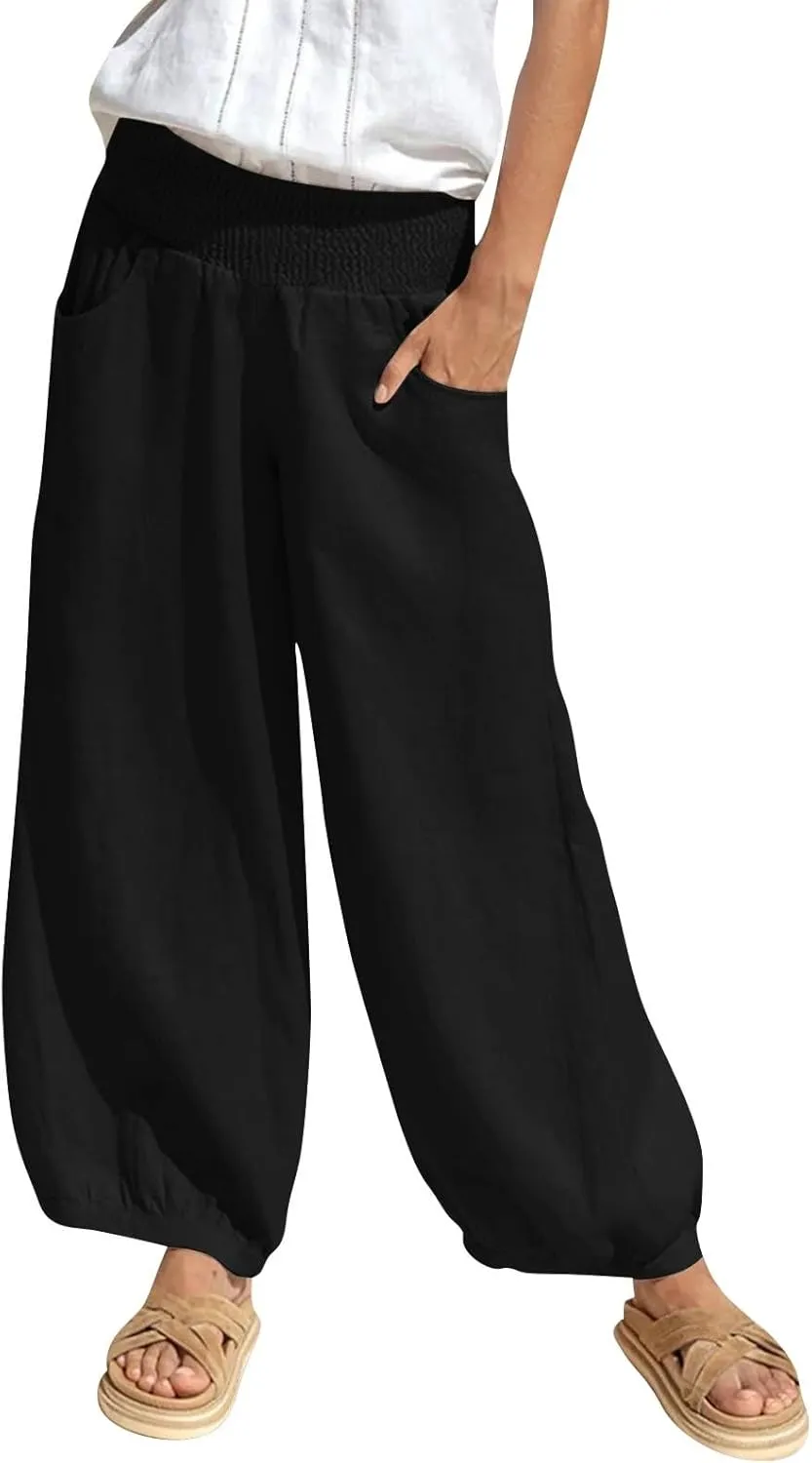 Harem Pants Women Wide Leg Elastic Waist Summer Linen Pants Flowy Loose Baggy Palazzo Trendy Beach Vacation Trousers