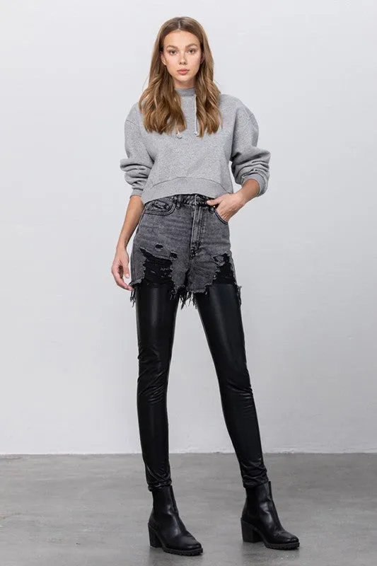 High Rise Leather Combo Denim Pants
