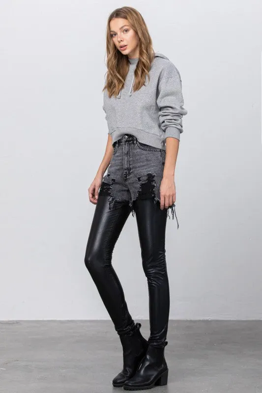 High Rise Leather Combo Denim Pants