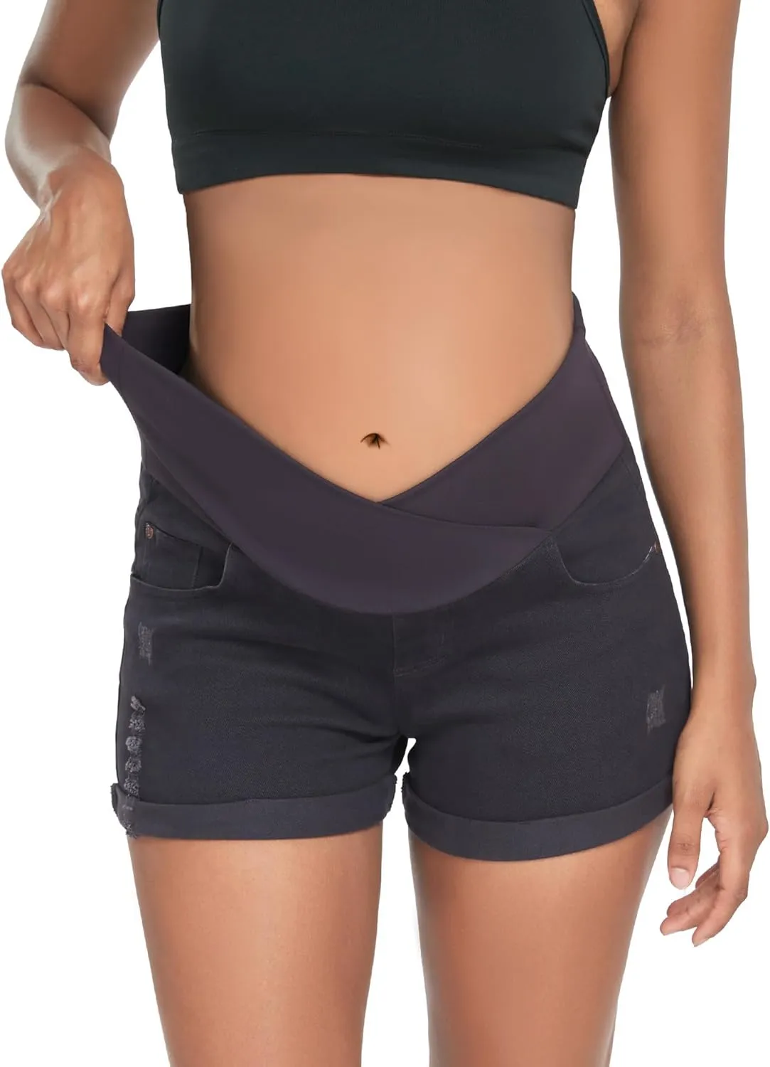 HOFISH Womens Maternity Jeans Shorts Over The Belly Stretchy Comfy Denim Pants Casual Workout Pregnancy Shorts