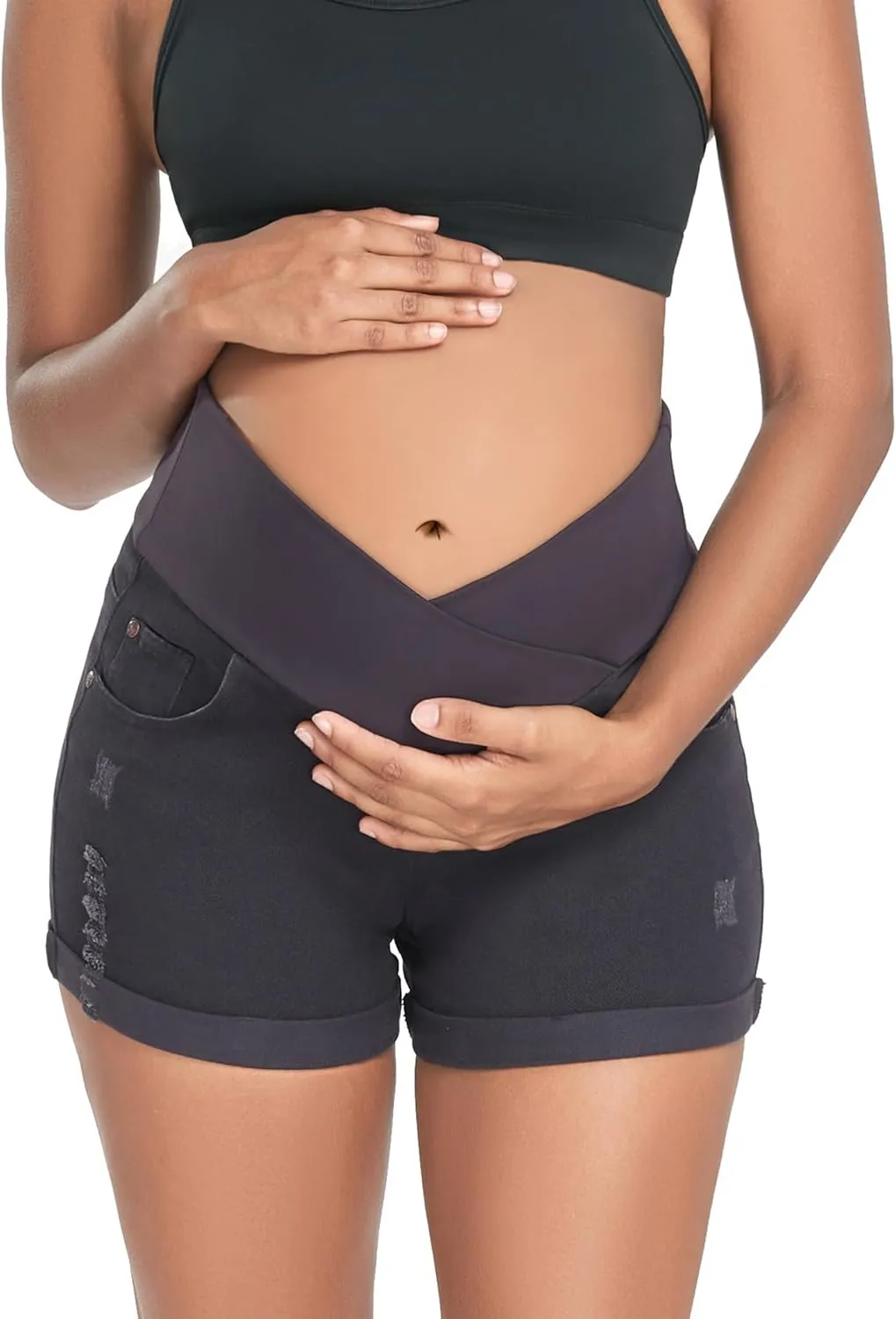 HOFISH Womens Maternity Jeans Shorts Over The Belly Stretchy Comfy Denim Pants Casual Workout Pregnancy Shorts