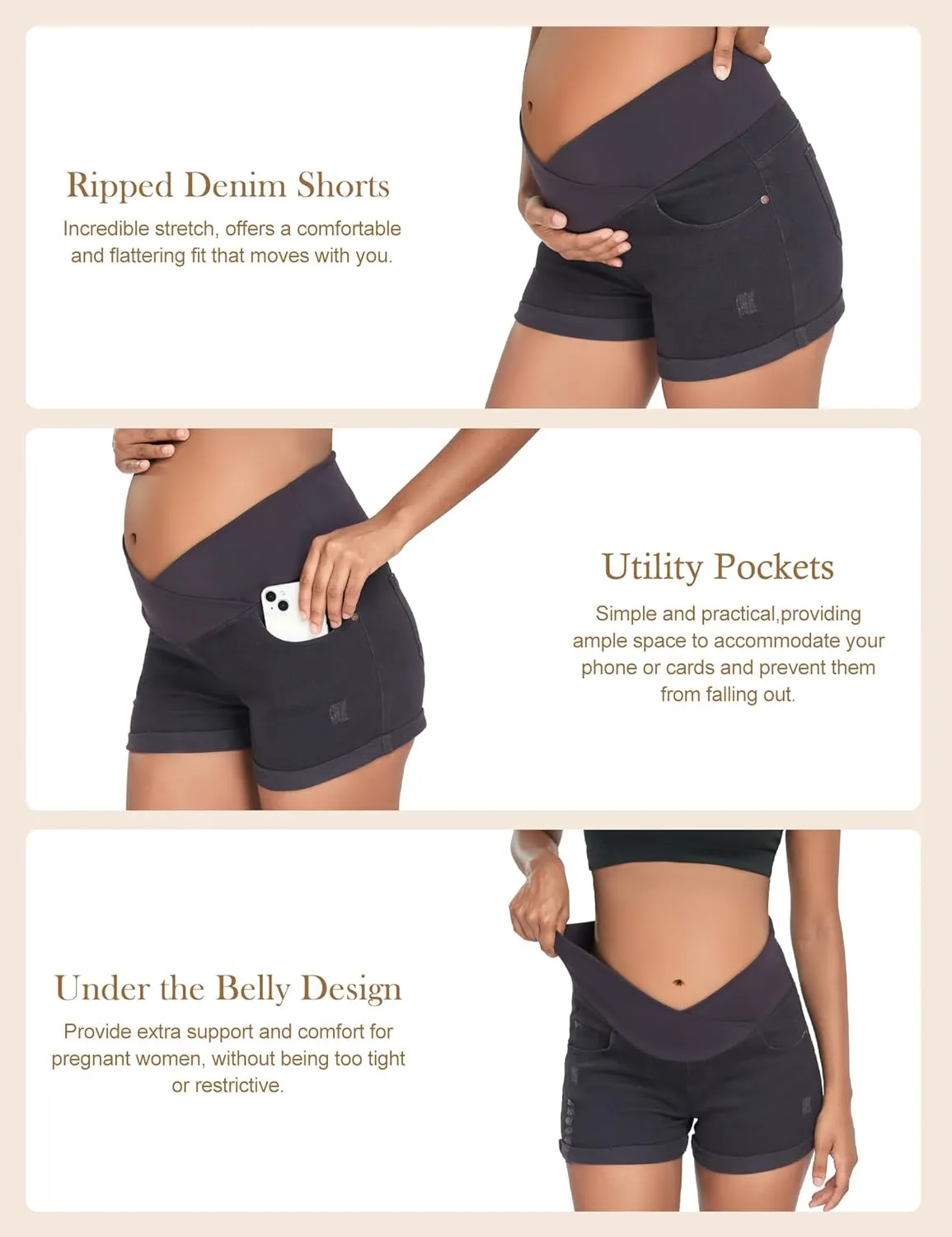 HOFISH Womens Maternity Jeans Shorts Over The Belly Stretchy Comfy Denim Pants Casual Workout Pregnancy Shorts