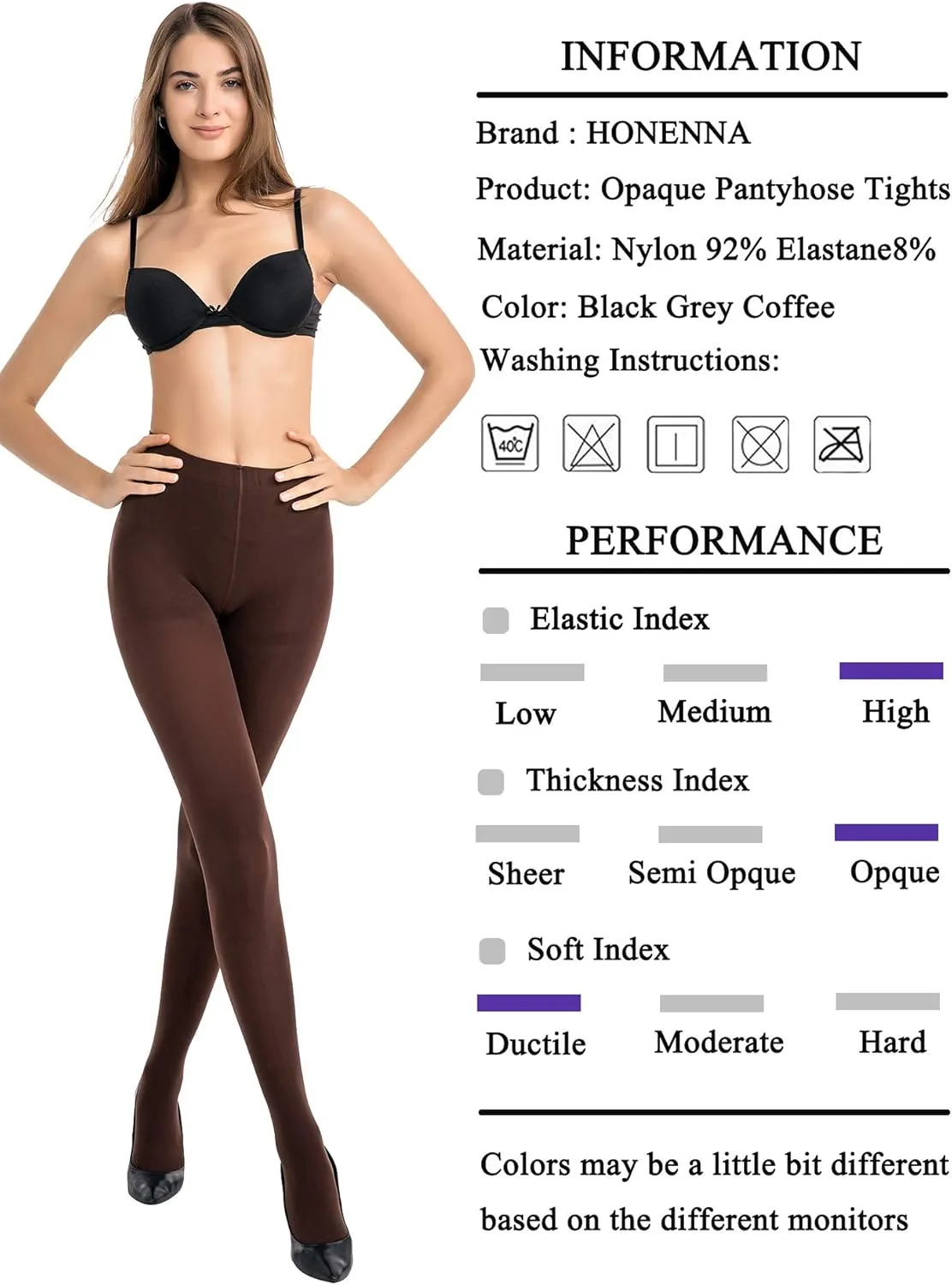 HONENNA Women's Control Top High Elastic Soft Opaque Pantyhose Tights