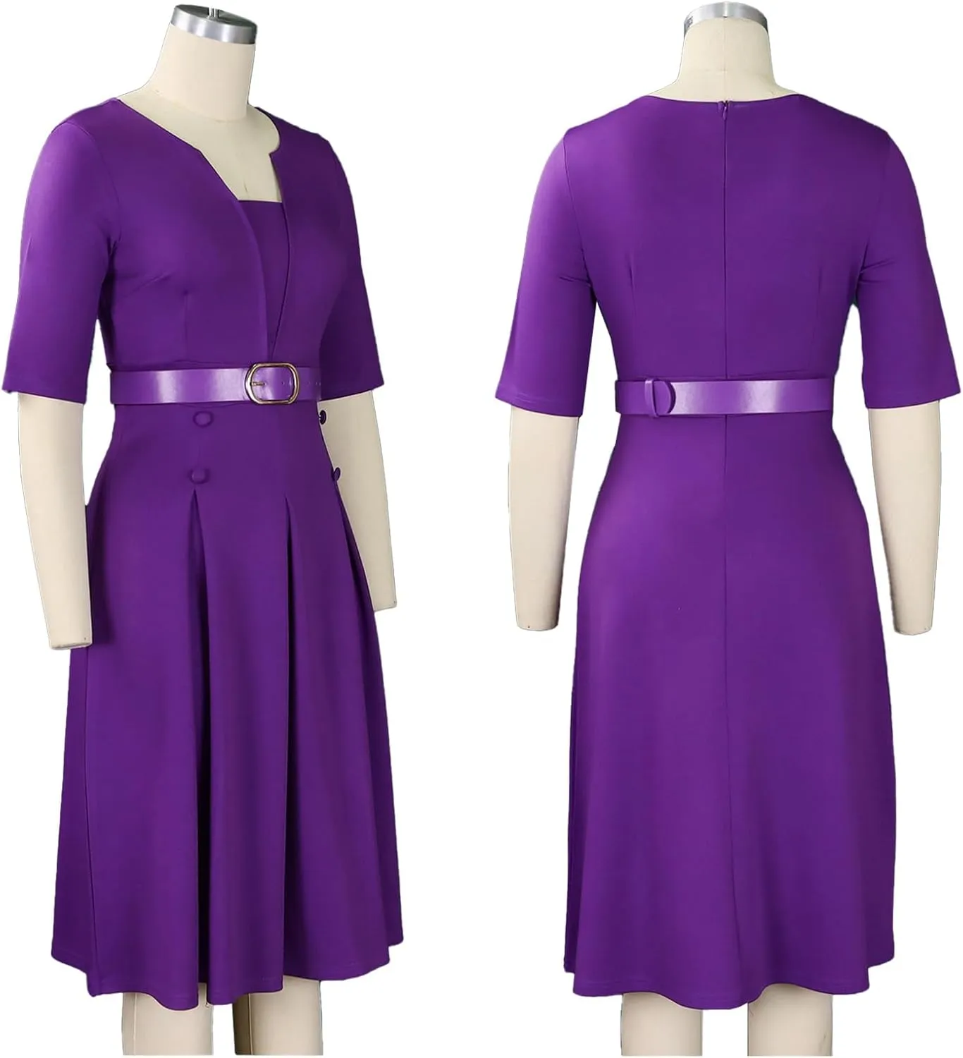 HuiSiFang Women's Work Blazer Dress Crewneck Dress Business Elegant Pleated Midi Dress with Belt