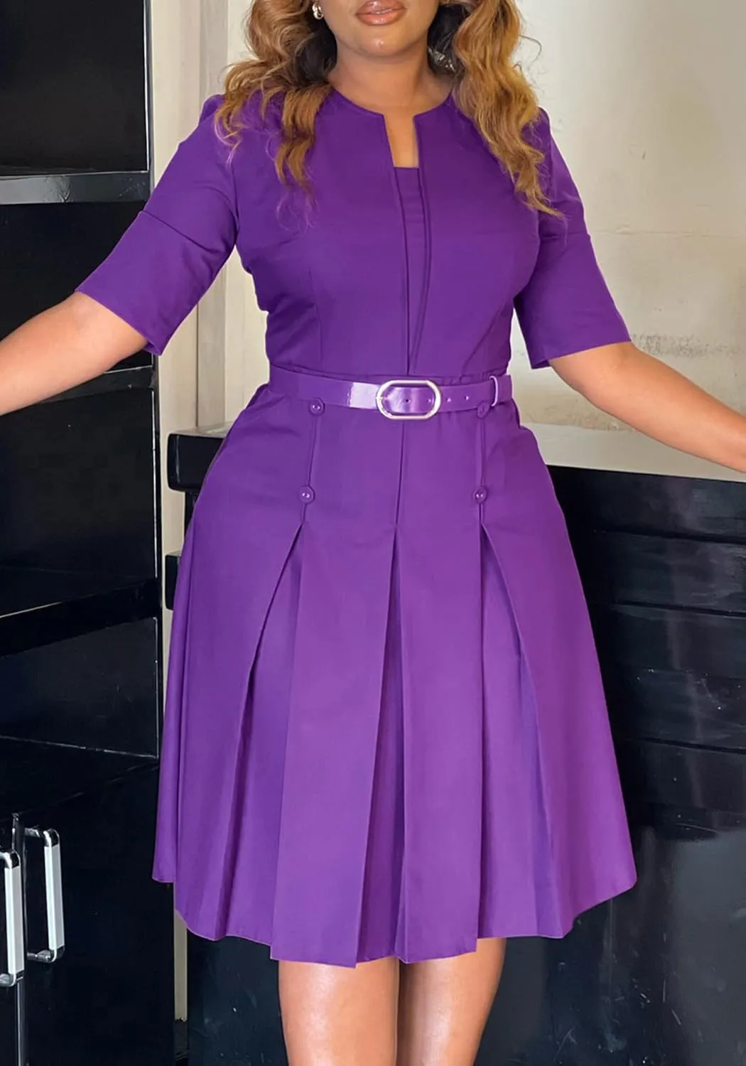 HuiSiFang Women's Work Blazer Dress Crewneck Dress Business Elegant Pleated Midi Dress with Belt
