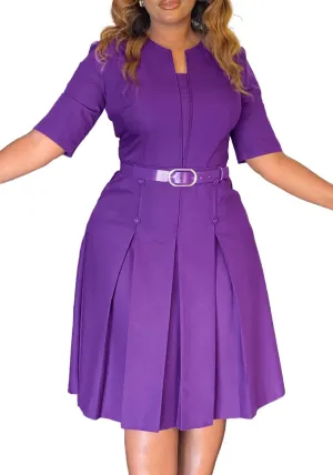 HuiSiFang Women's Work Blazer Dress Crewneck Dress Business Elegant Pleated Midi Dress with Belt