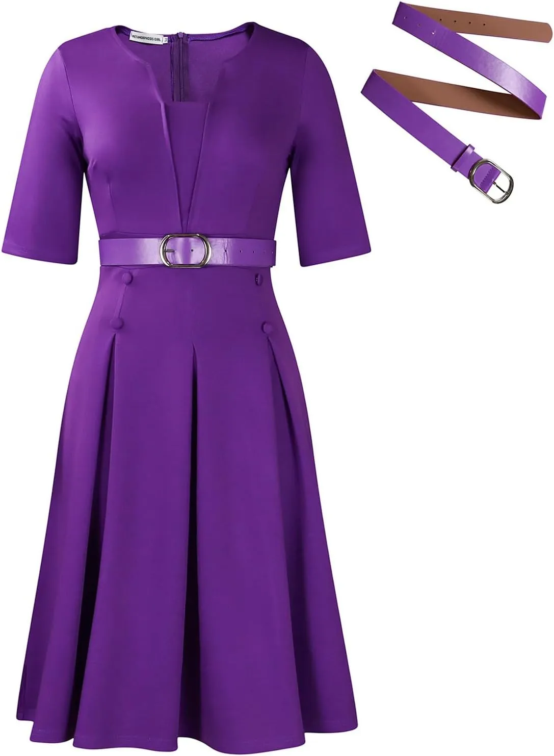 HuiSiFang Women's Work Blazer Dress Crewneck Dress Business Elegant Pleated Midi Dress with Belt