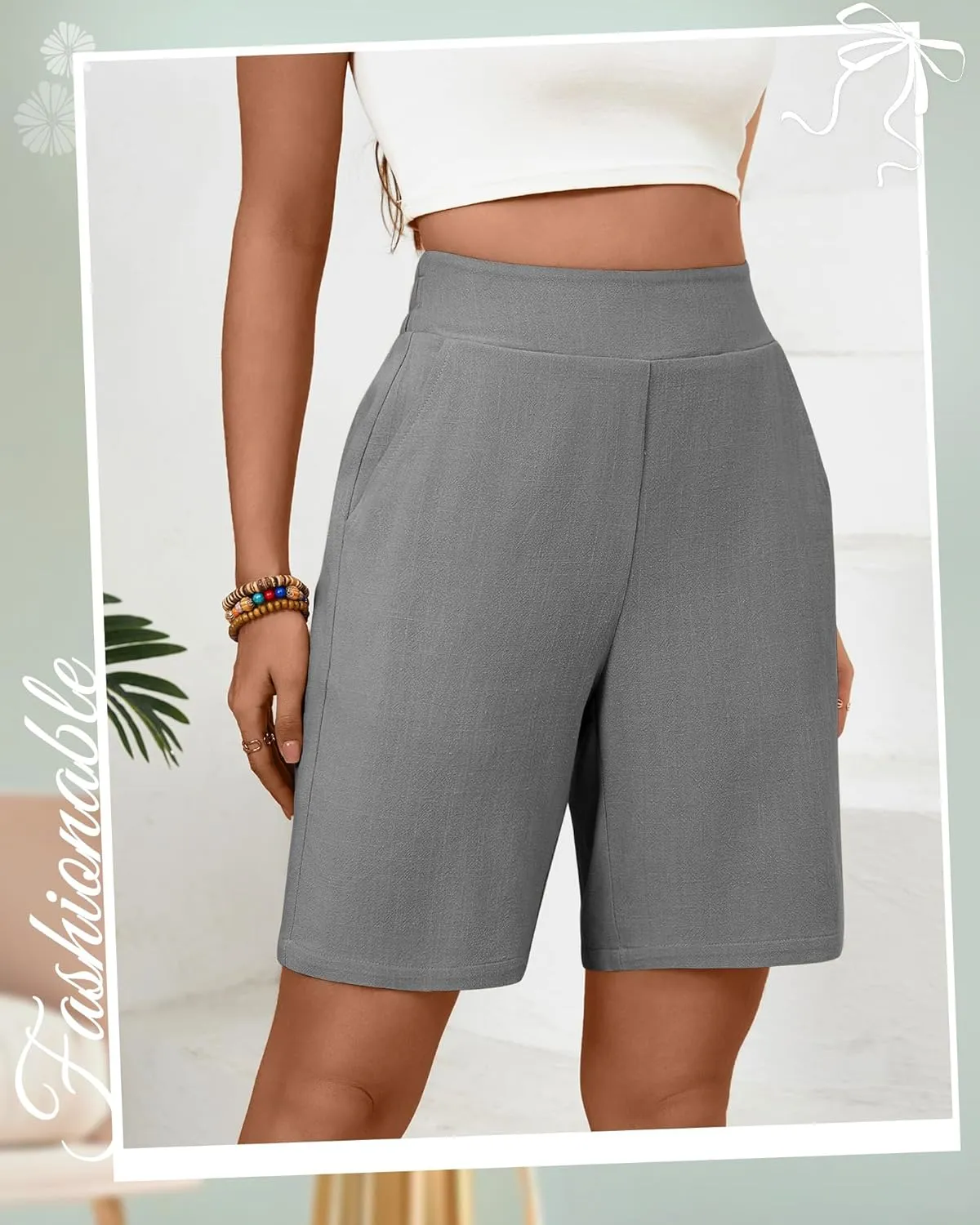 Huukeay 2 Pack Women's Linen Shorts Summer Casual Wide Leg Elastic Waistband Bermuda Shorts with Pockets