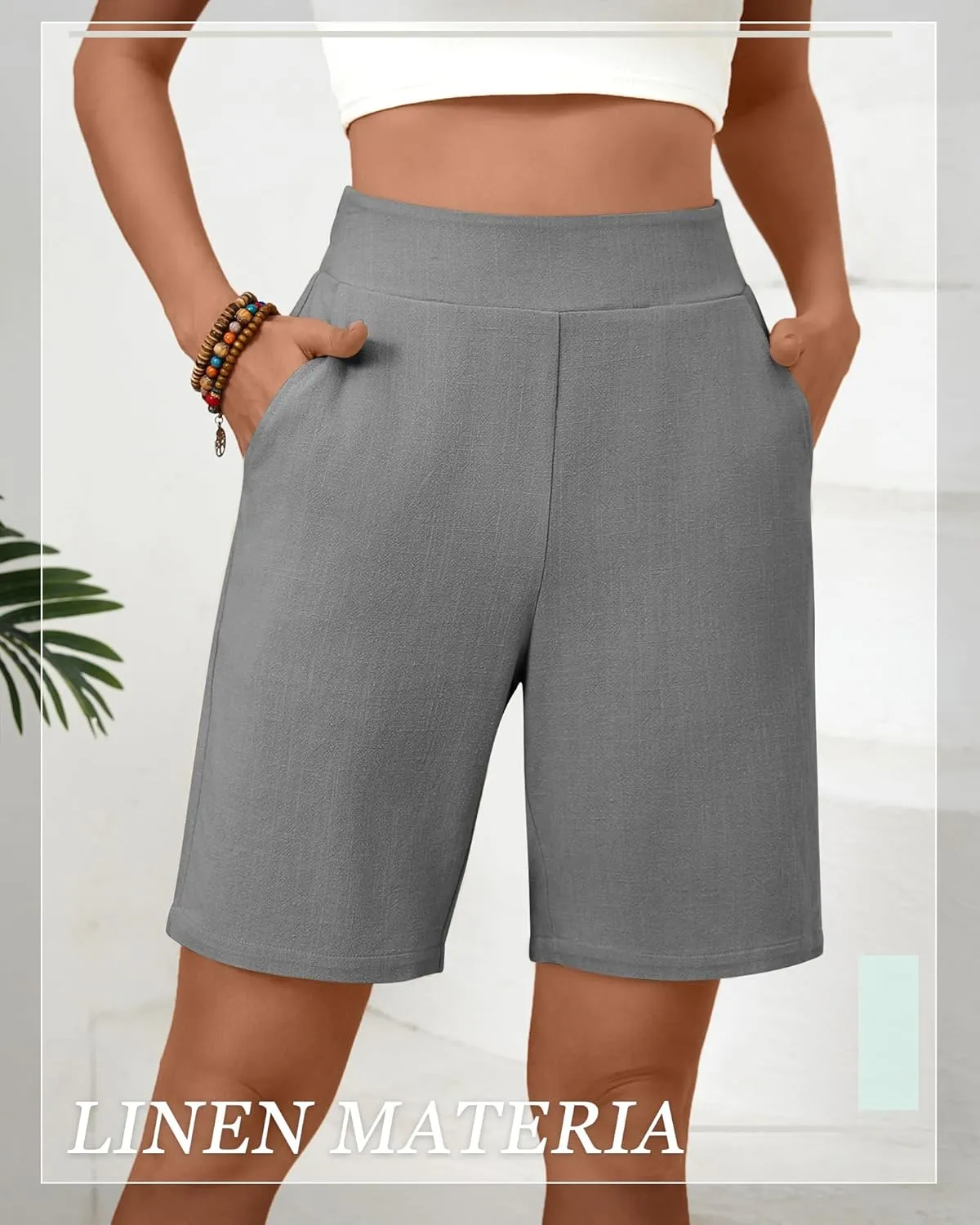 Huukeay 2 Pack Women's Linen Shorts Summer Casual Wide Leg Elastic Waistband Bermuda Shorts with Pockets
