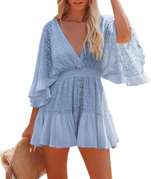 HXHYQKP Women's Boho Floral Mini Dress Deep V-Neck Lace Trim Smocked Waist A-Line Beach Dress for Summer Vacations
