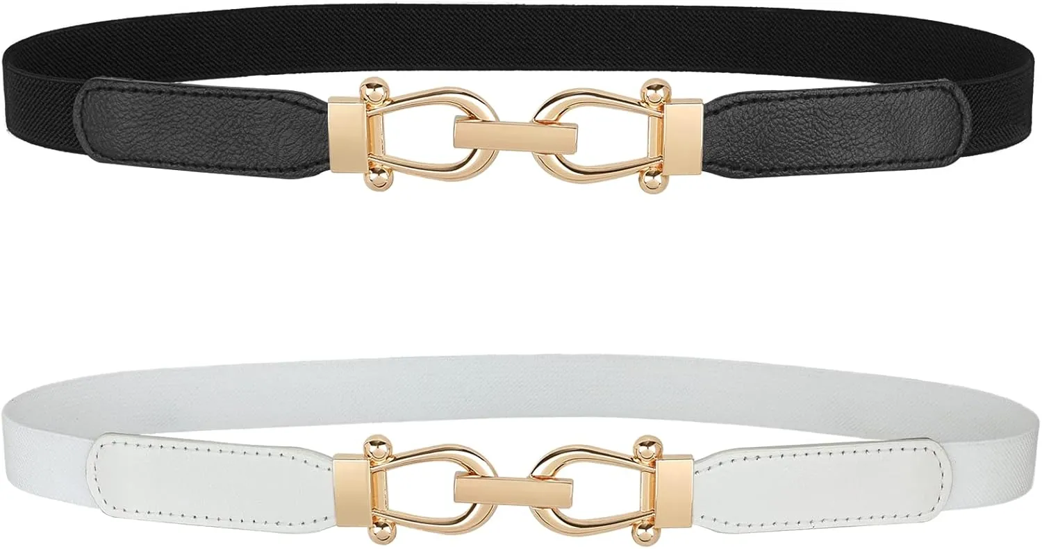 JASGOOD Women Skinny Elastic Belt for Dresses,Thin Retro Stretch Waist Belt with Golden Buckle