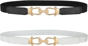 JASGOOD Women Skinny Elastic Belt for Dresses,Thin Retro Stretch Waist Belt with Golden Buckle