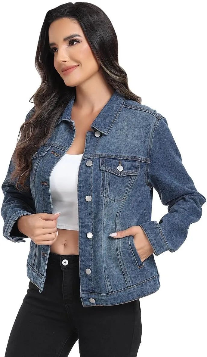 J.Corrine Women's Denim Jacket Long Sleeves Button Down Shacket Jacket Jean Coat with Pockets