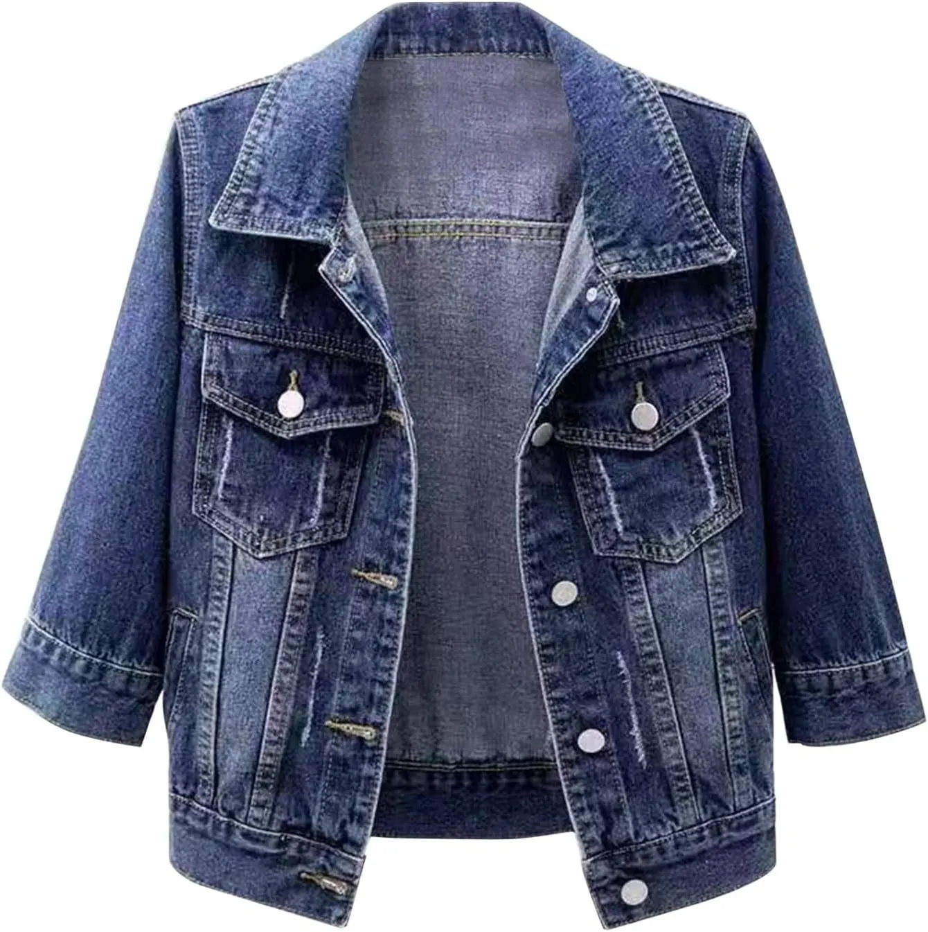 Jean Jacket Women 3/4 Sleeve Colored Cropped Denim Jacket Trendy Light Wash Short Jean Jacket Trucker Coat