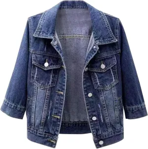 Jean Jacket Women 3/4 Sleeve Colored Cropped Denim Jacket Trendy Light Wash Short Jean Jacket Trucker Coat