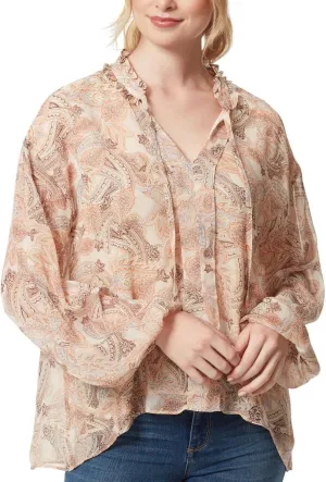 Jessica Simpson Women's Celeste Neck Tie Long Sleeve Boho Top