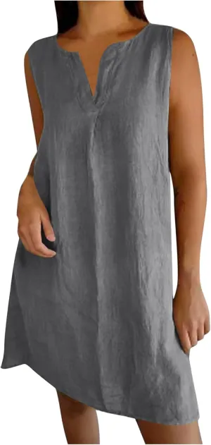 JOAU 2025 Summer Cotton Linen Tank Dresses for Women Casual Loose Sleeveless Notched V Neck A-Line Beach Mini Short Sundress