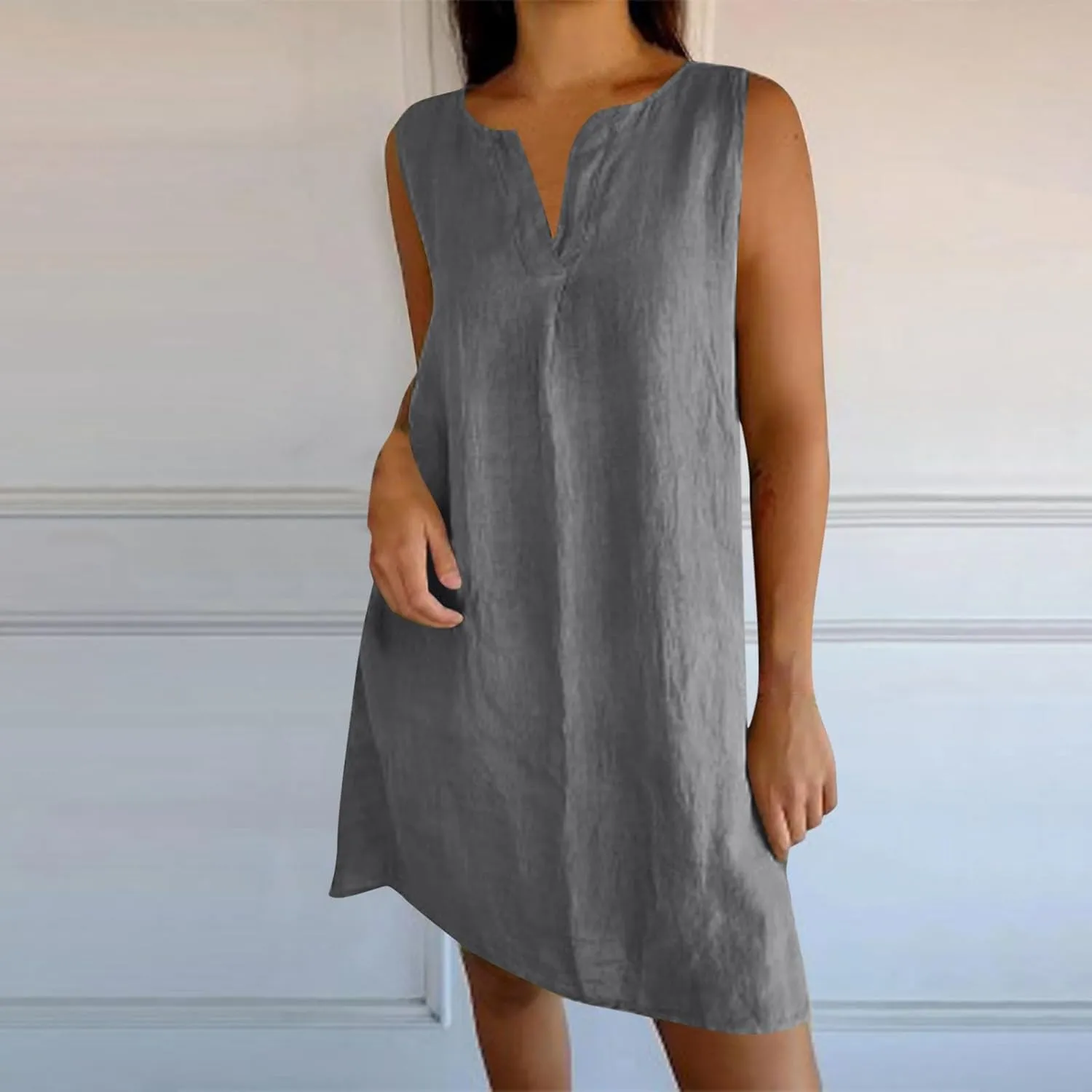 JOAU 2025 Summer Cotton Linen Tank Dresses for Women Casual Loose Sleeveless Notched V Neck A-Line Beach Mini Short Sundress
