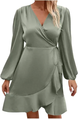 JOAU Women's Satin Long Sleeve Wrap V Neck Ruched Tie Waist Mini Dresses Irregular Slit Ruffle Hem Cocktail Party Dress