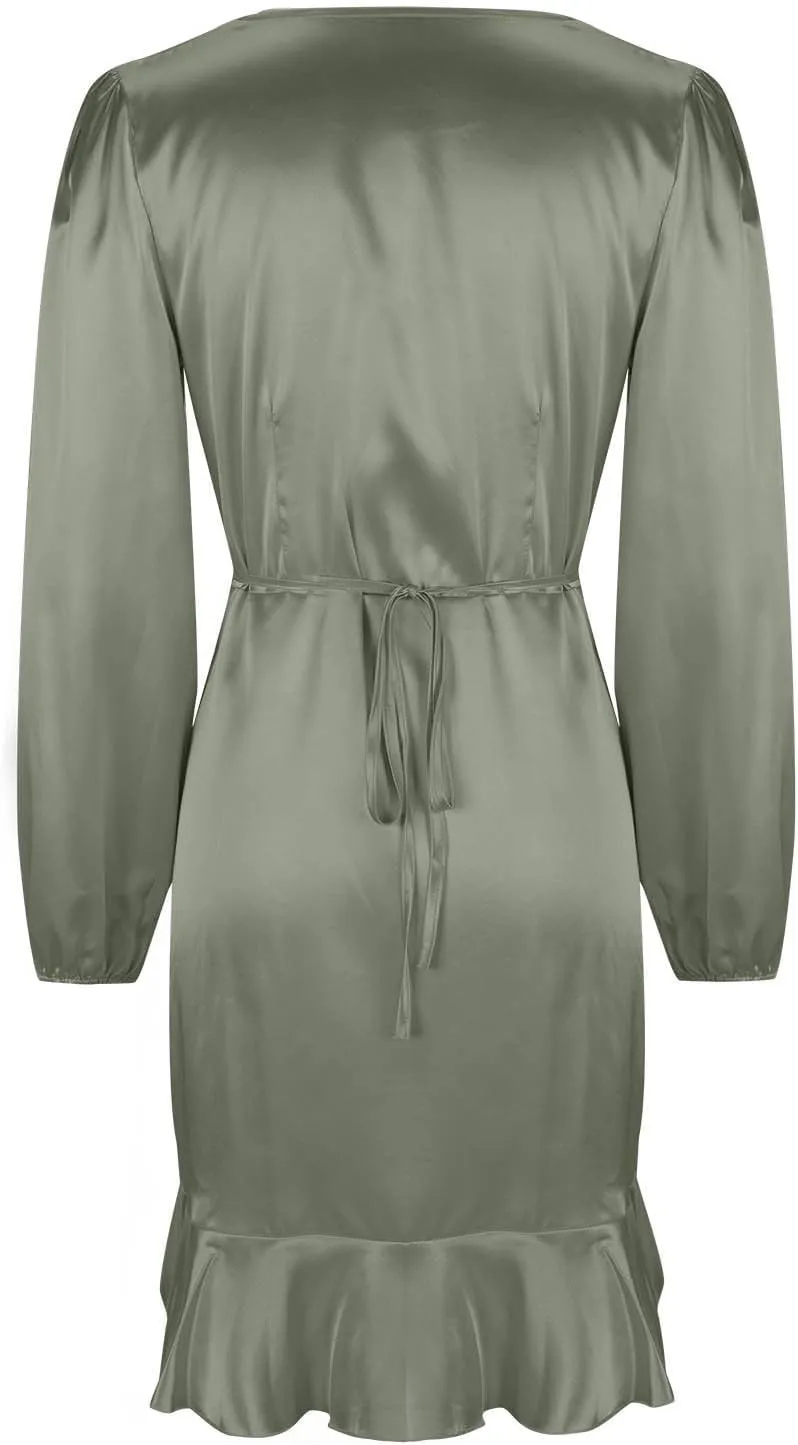 JOAU Women's Satin Long Sleeve Wrap V Neck Ruched Tie Waist Mini Dresses Irregular Slit Ruffle Hem Cocktail Party Dress