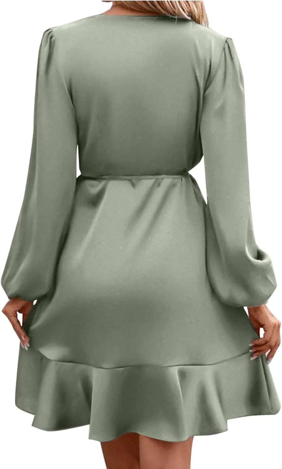 JOAU Women's Satin Long Sleeve Wrap V Neck Ruched Tie Waist Mini Dresses Irregular Slit Ruffle Hem Cocktail Party Dress