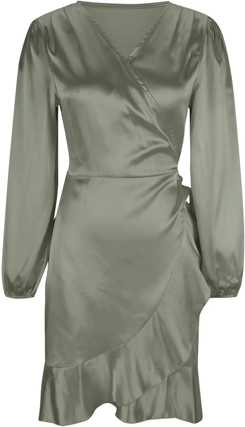JOAU Women's Satin Long Sleeve Wrap V Neck Ruched Tie Waist Mini Dresses Irregular Slit Ruffle Hem Cocktail Party Dress