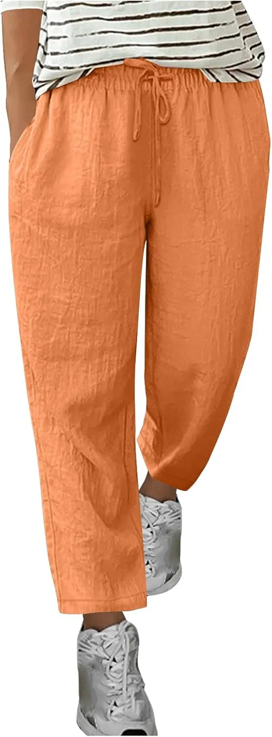 jsaierl Womens Summer Cotton Linen Straight Leg Pants High Waisted Casual Trousers Lightweight Lounge Drawstring Pants