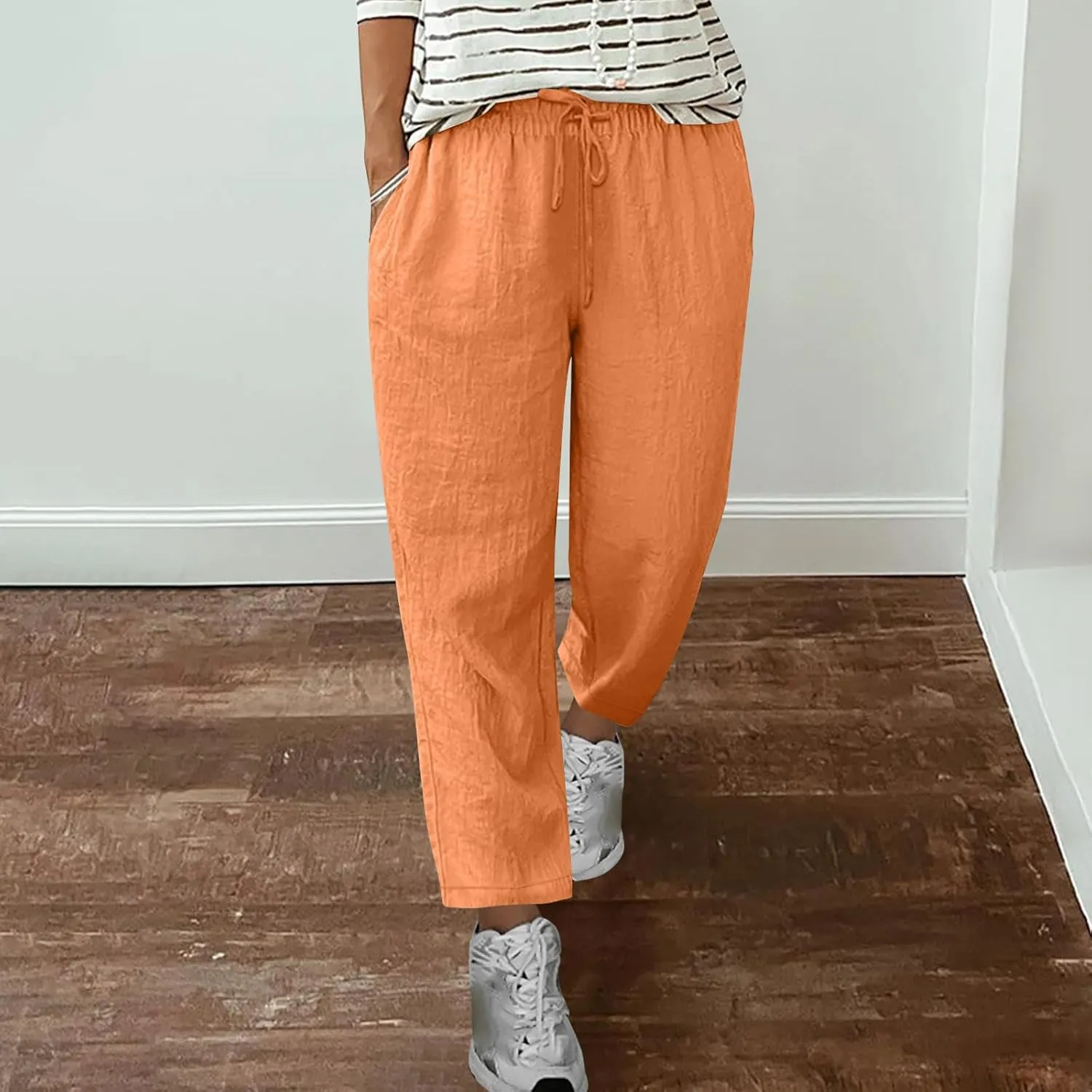 jsaierl Womens Summer Cotton Linen Straight Leg Pants High Waisted Casual Trousers Lightweight Lounge Drawstring Pants