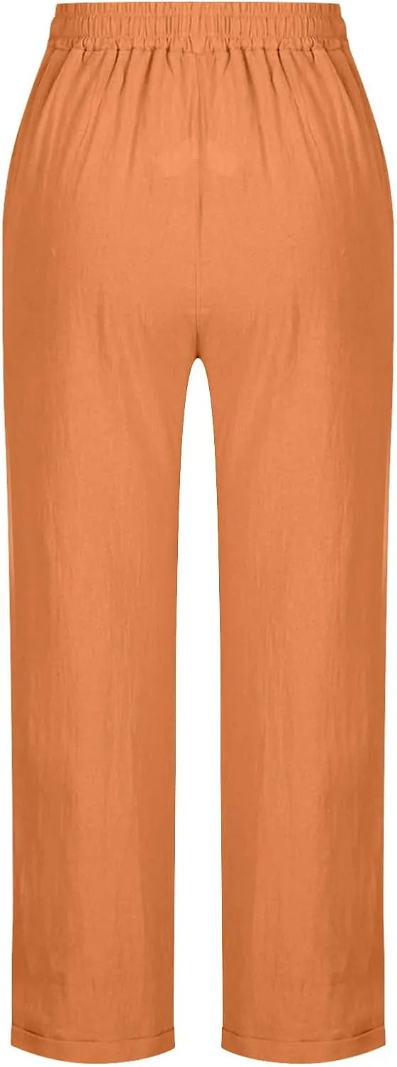 jsaierl Womens Summer Cotton Linen Straight Leg Pants High Waisted Casual Trousers Lightweight Lounge Drawstring Pants